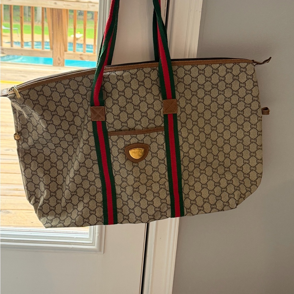 Gucci Beige GG Canvas Tote with Green and Red Web Straps